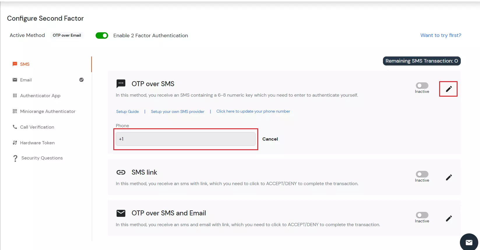 configure OTP over SMS 2FA method