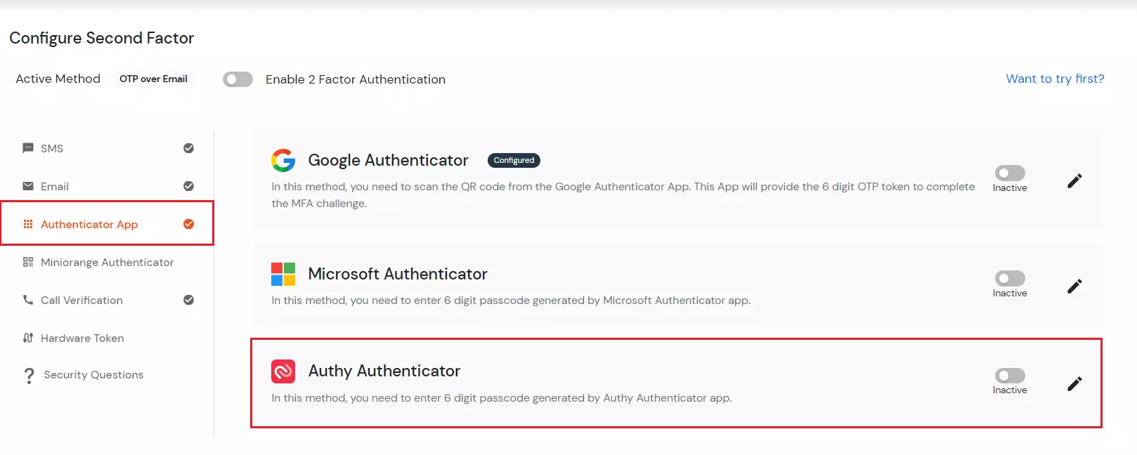 select Authy AUTHENTICATOR 2FA method