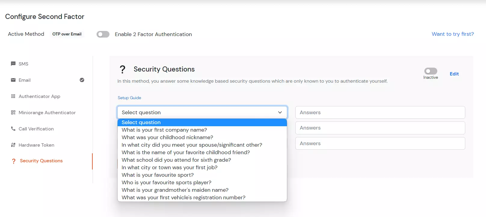 select KBA as your 2FA method