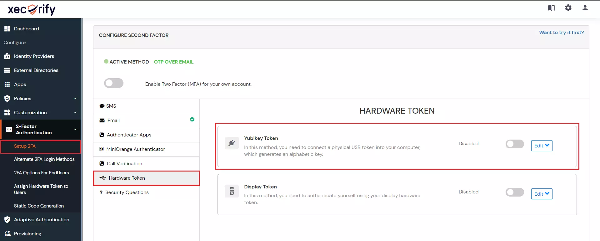 select YubiKey Hardware Token 2FA method for admin