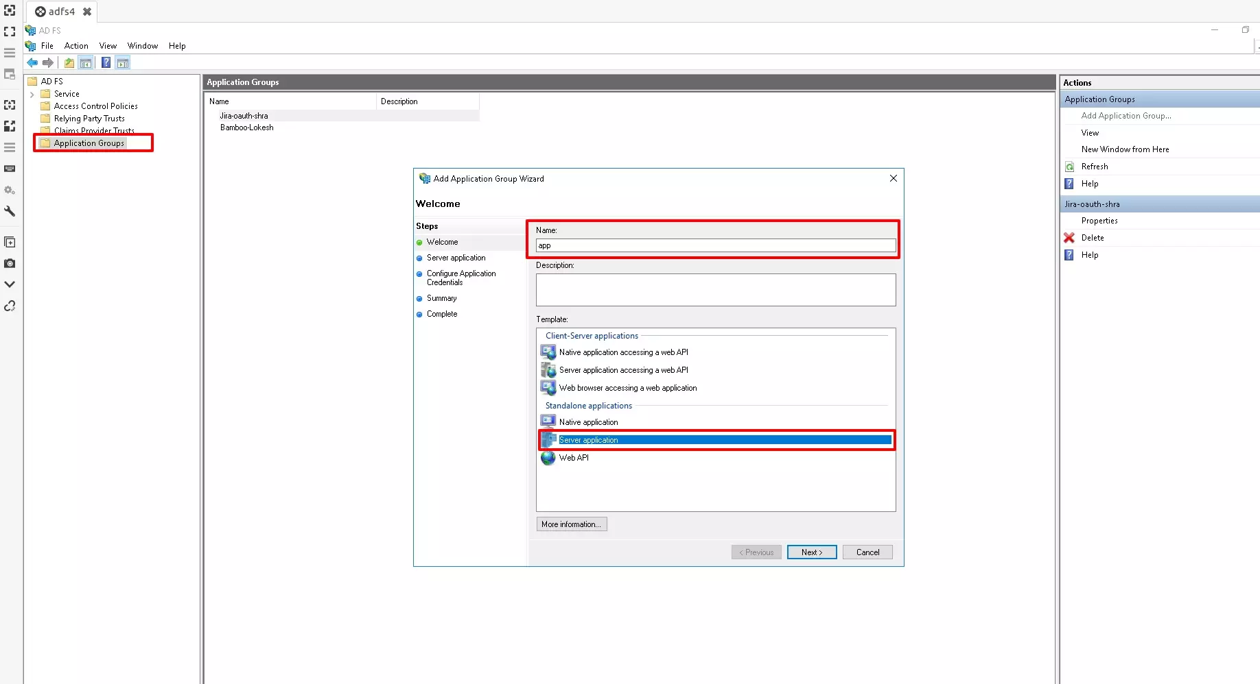 ADFS Single Sign On (SSO) : Add Application Group 