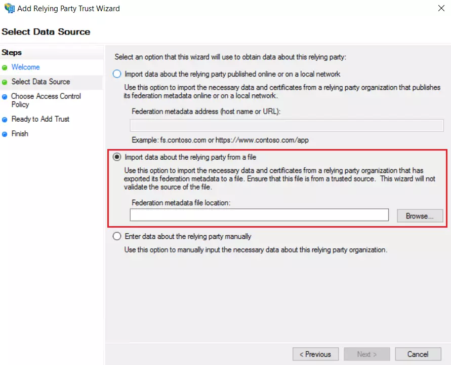 To login with SAML ADFS import data source file