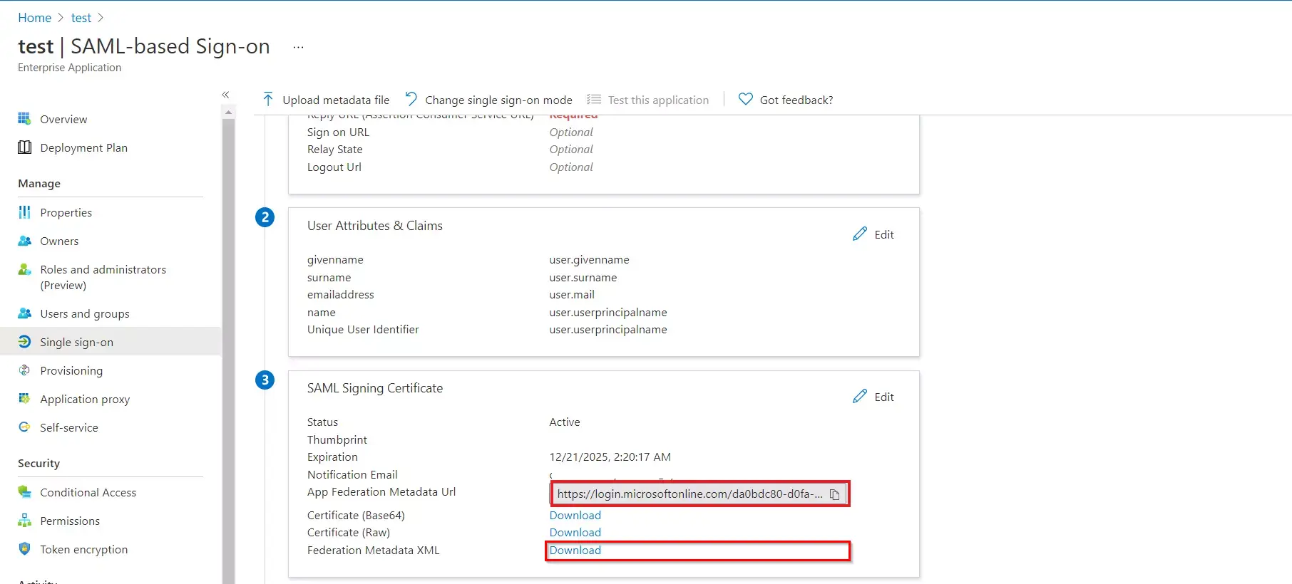 Azure AD SSO : Federation metadata file