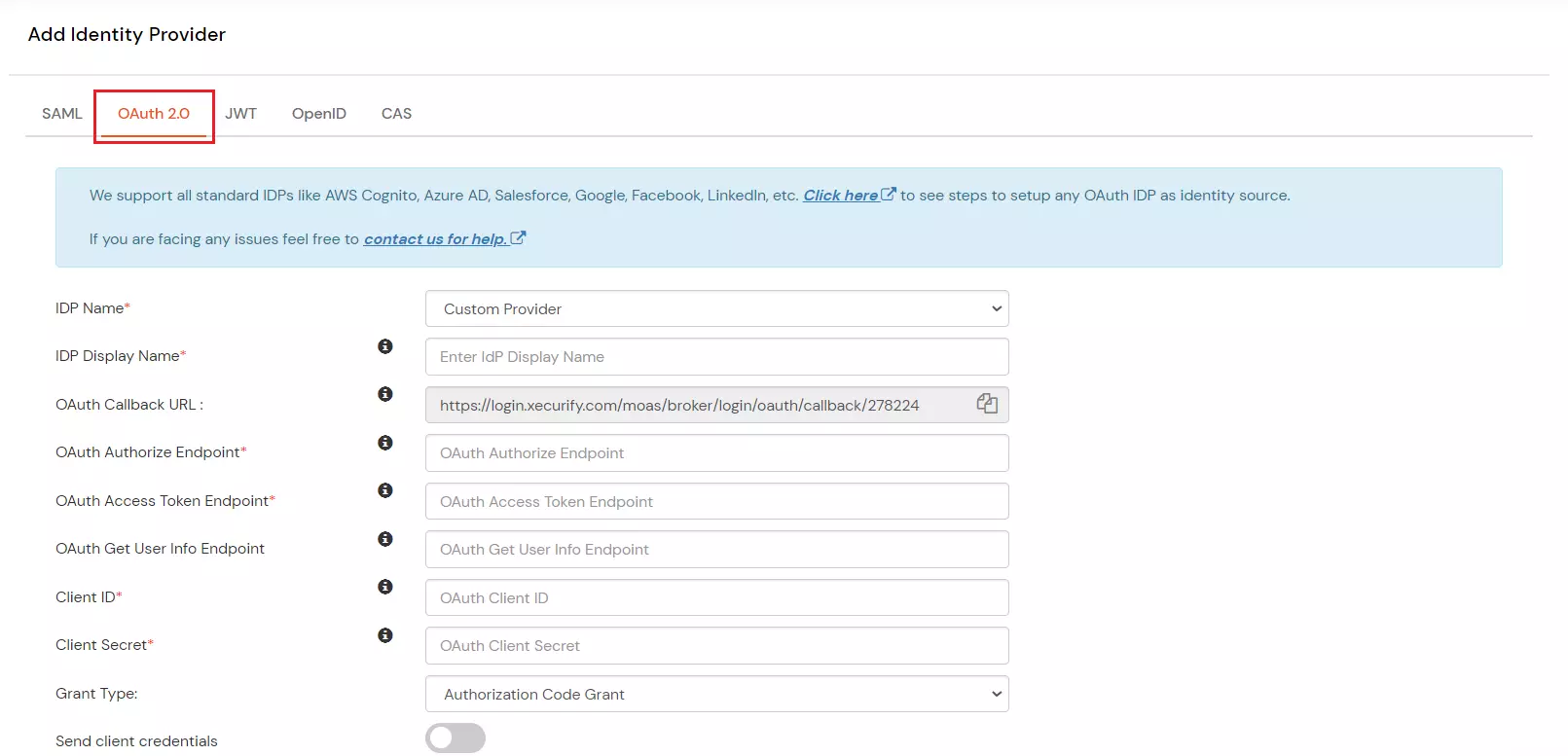 Select OAuth to setup Azure AD as IDP