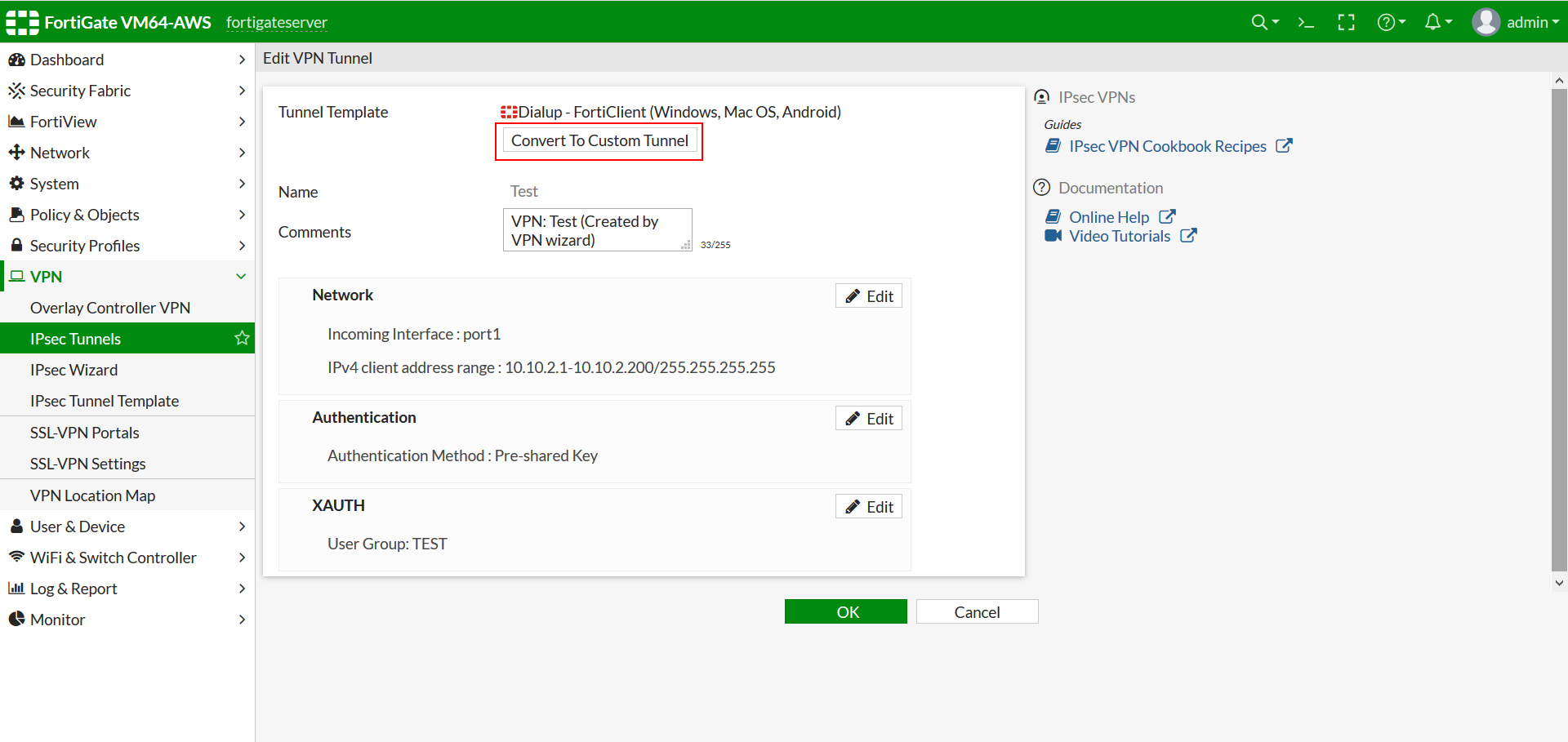 Fortinet MFA 2FA Multi-Factor / two factor authentication : Convert to Custom Tunnel