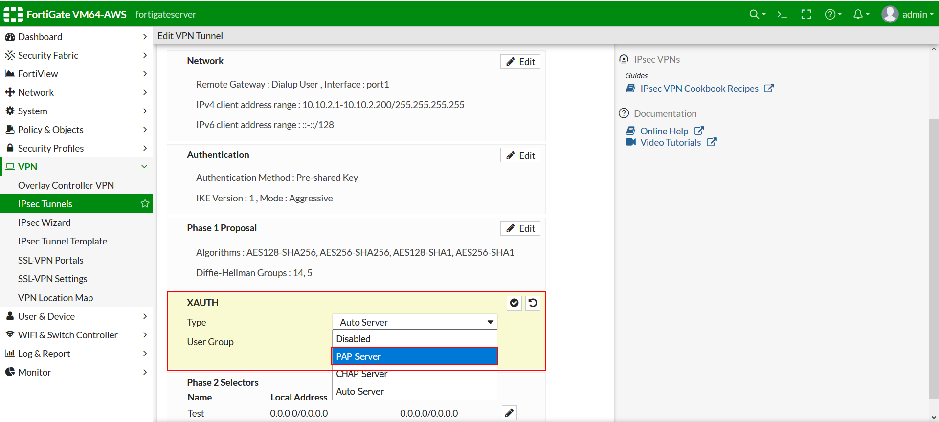 Fortinet MFA 2FA Multi-Factor / two factor authentication : Select PAP Server 