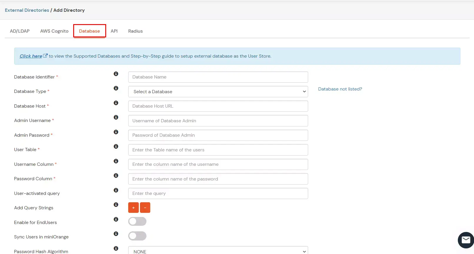 miniOrange Identity Platform Admin Handbook: Select Database