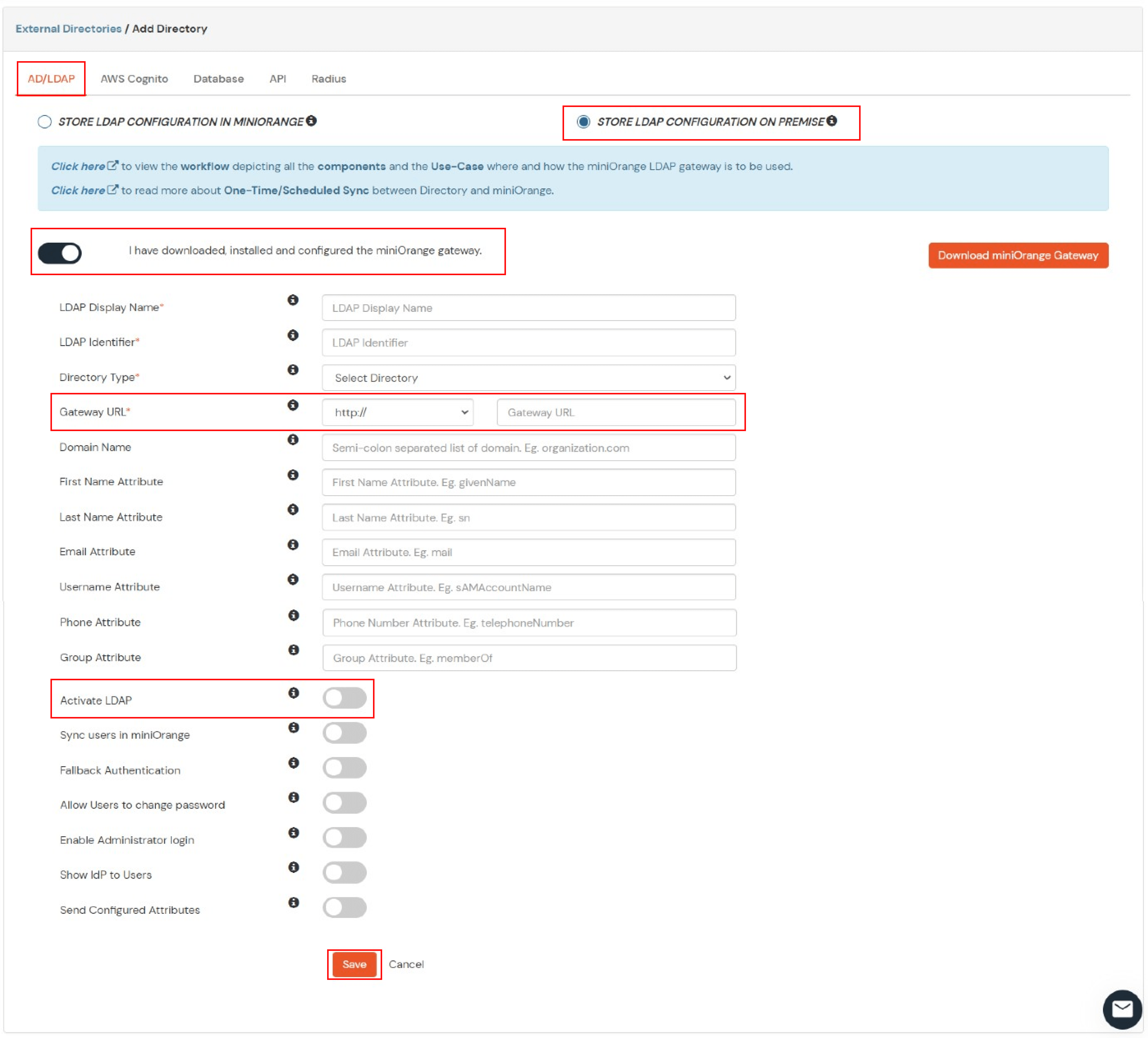 miniorange ldap sync configure AD/LDAP gateway user store in cloud