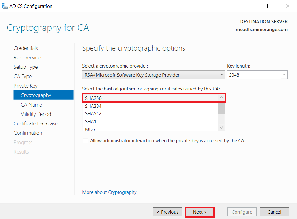 LDAPS on Windows Server cryptograpghy algorithm