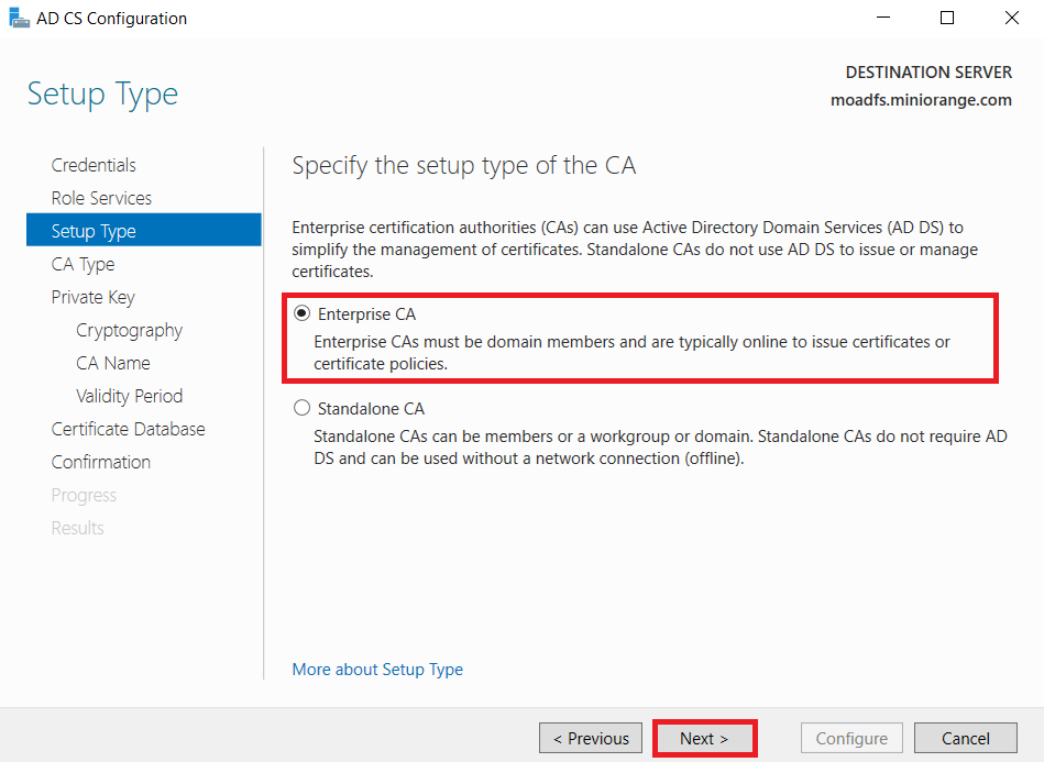 LDAPS on Windows Server select enterprise ca