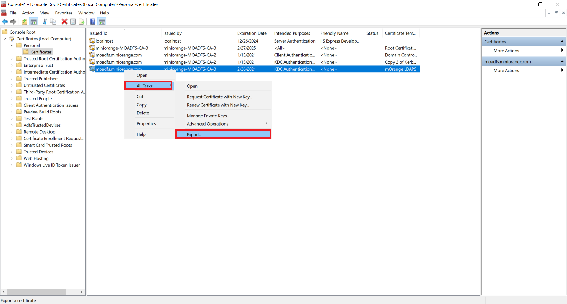 LDAPS on Windows Server export generated certificate