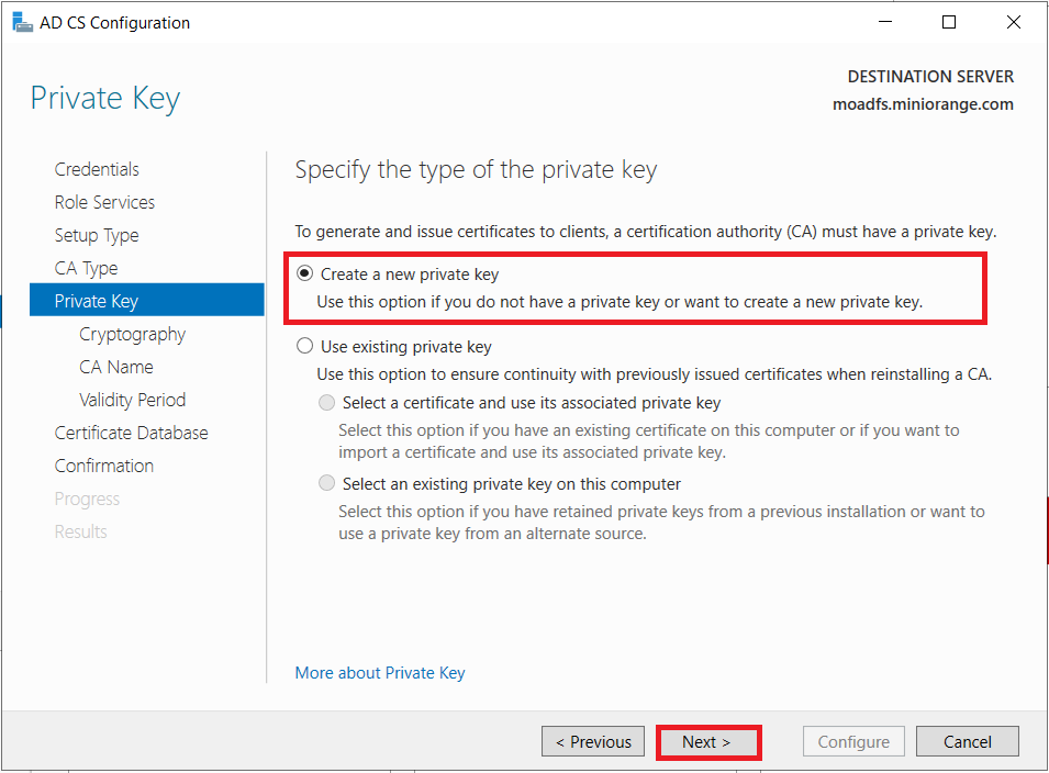 LDAPS on Windows Server create private key