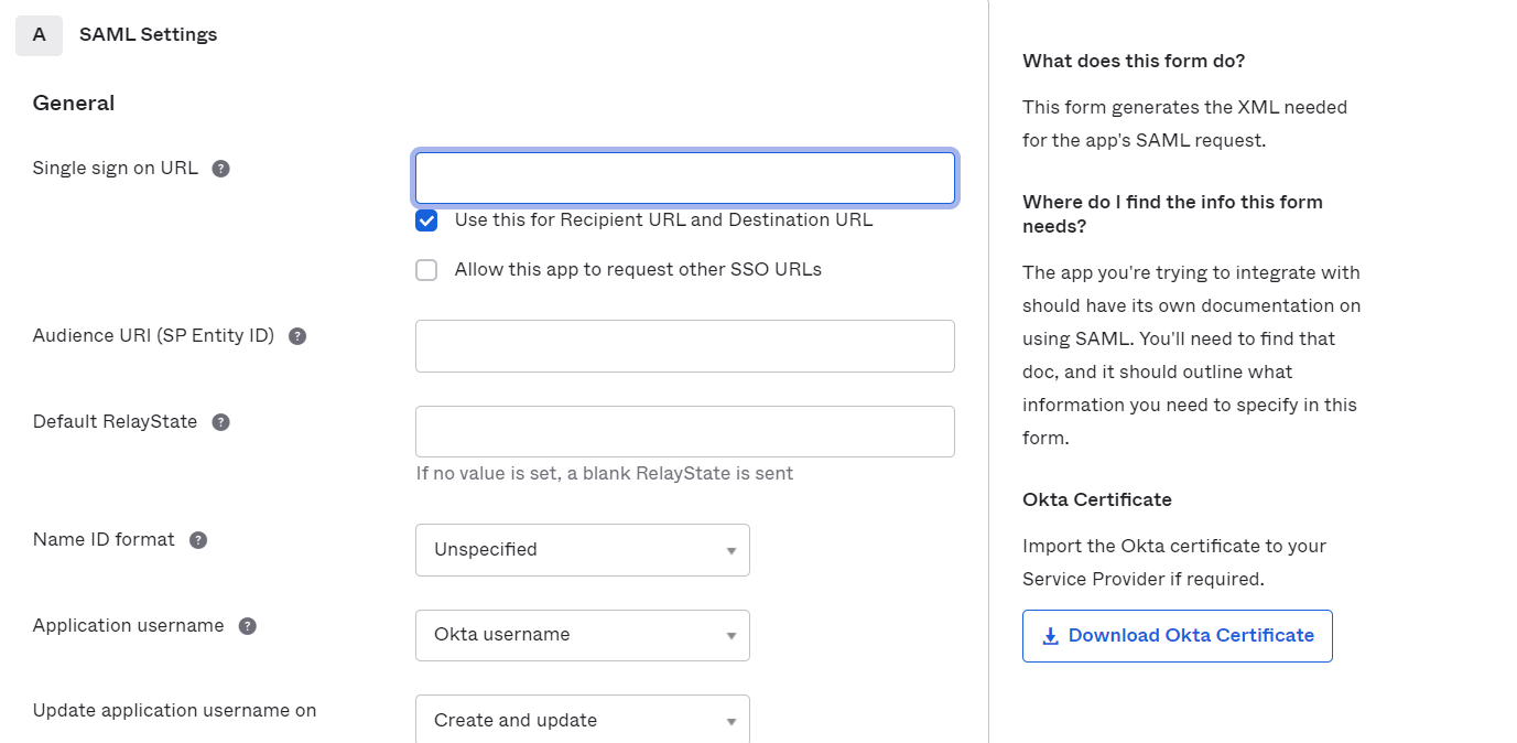 Okta SSO: SAML settings