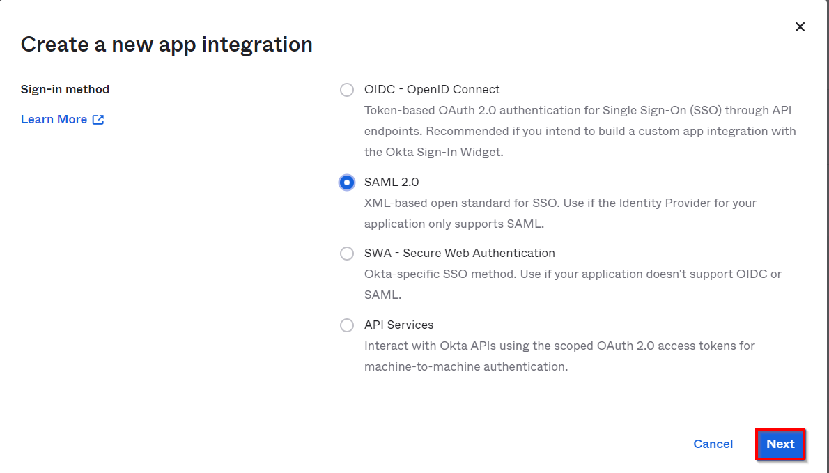 Okta Single Sign On SSO Select Sign On method