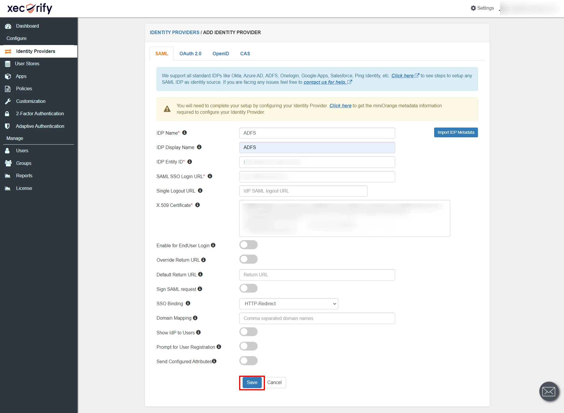  ADFS AS IDP Configurations - Entity ID, SAML SSO Login URL and X.509 auto filled