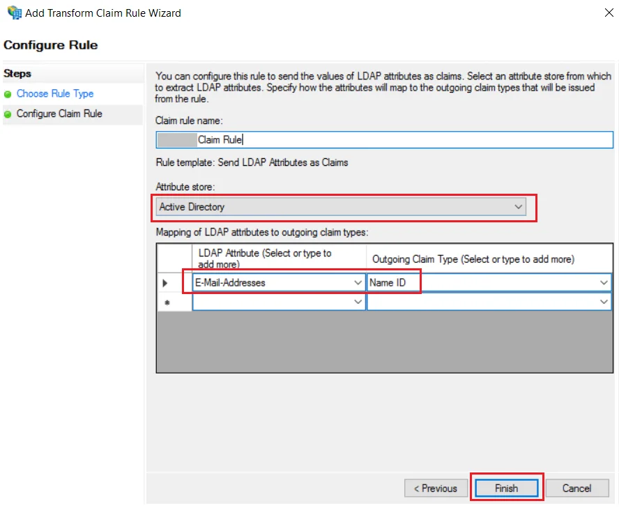 ADFS - Submit Claim rule name, attribute store and Claim type