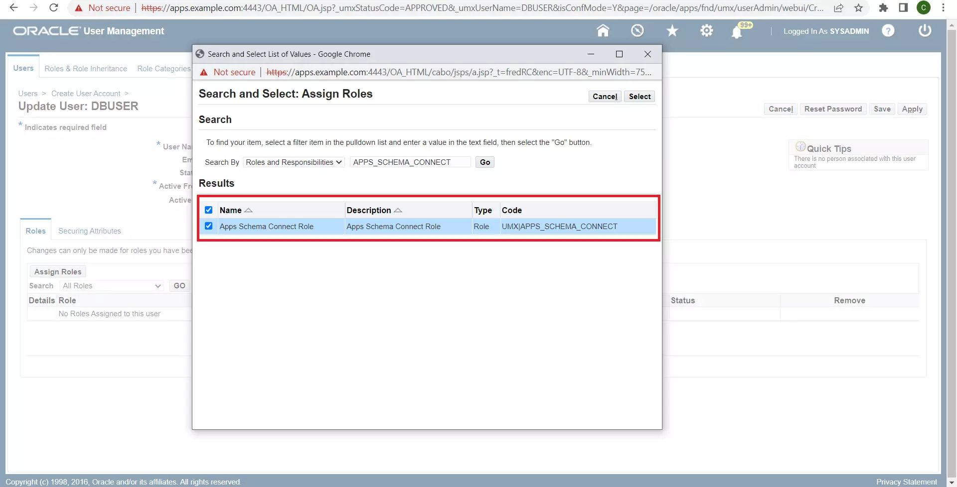 Oracle EBS SSO Apps Schema Connect Role