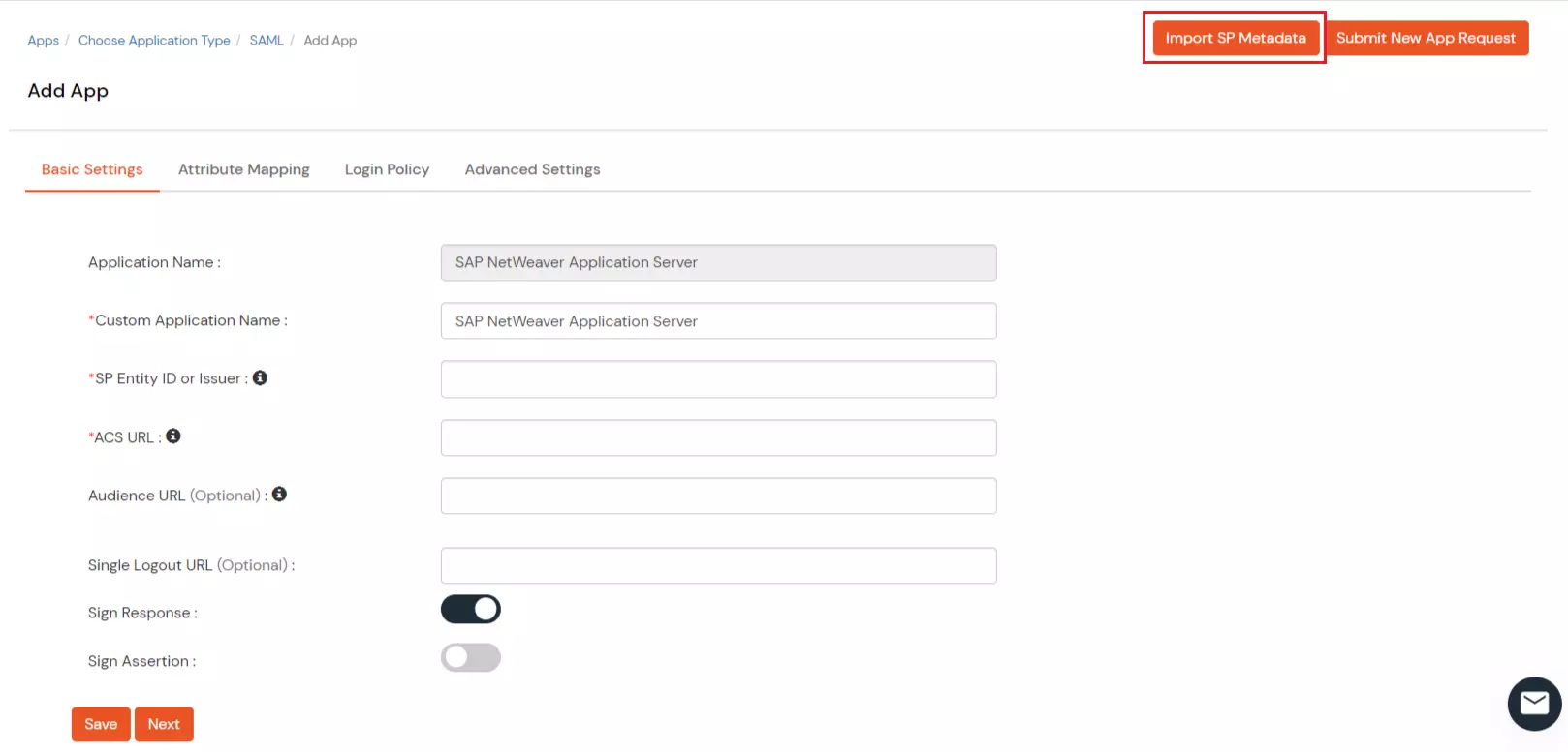 SAP NetWeaver Single Sign On SSO - import sp metadata.