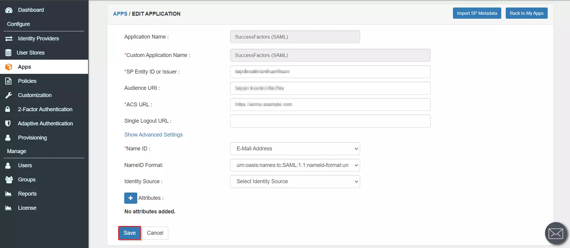 Configure SAP SuccessFactors Single Sign-On (SSO) Save SAML advance settings