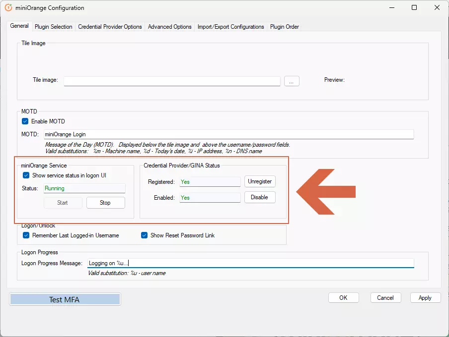 Windows credential Provider status running to setup two-factor authentication