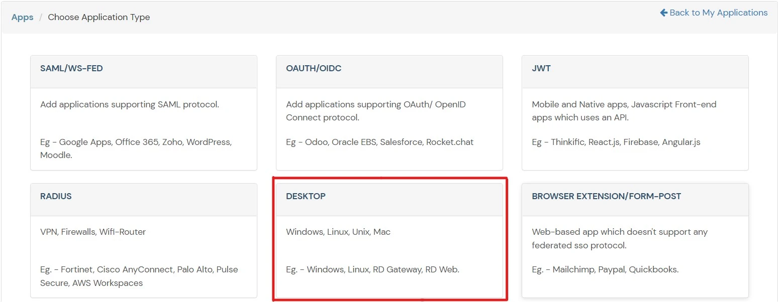 Select Desktop as application type to configure Windows 2FA