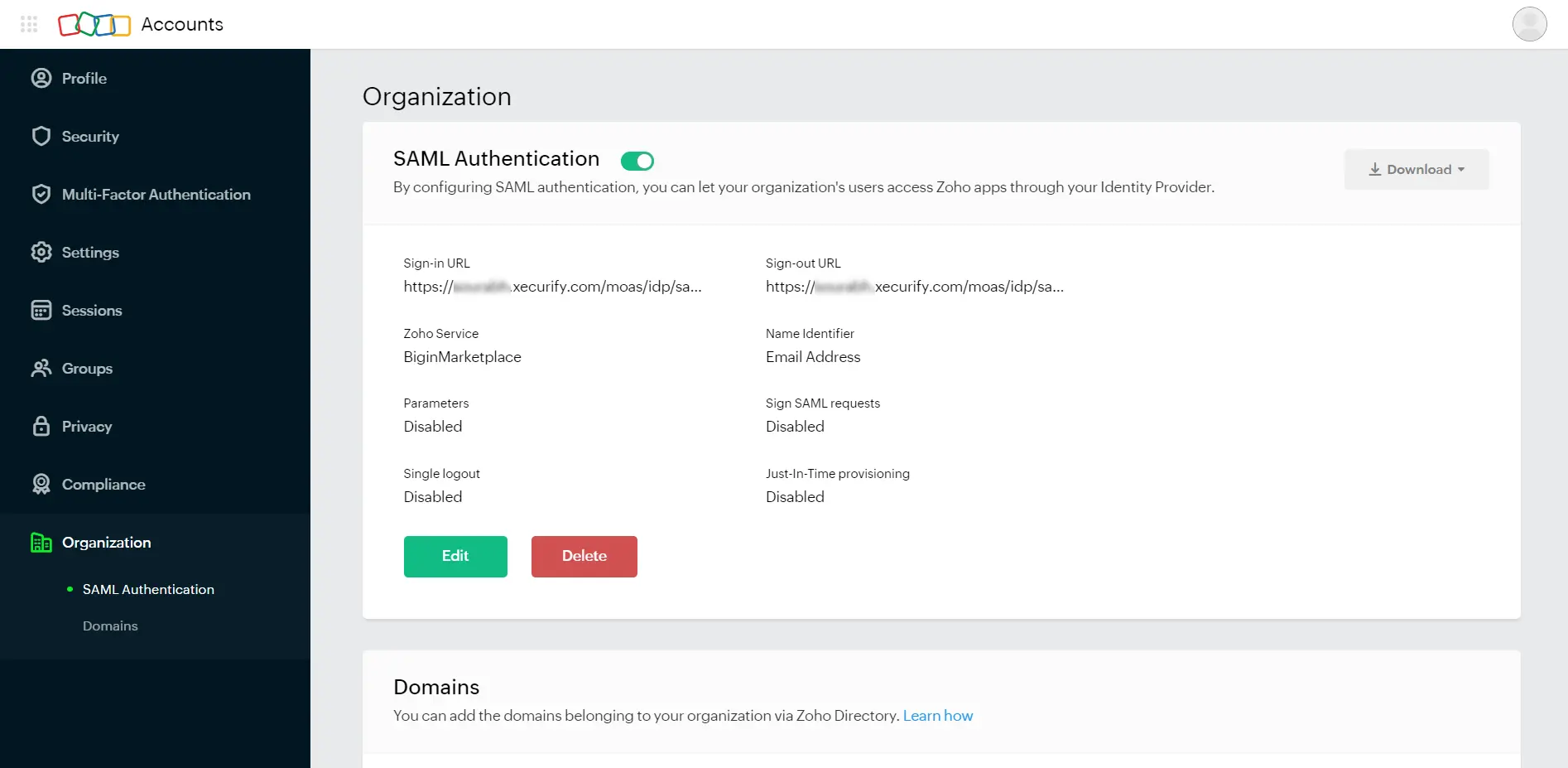 Zoho SAML Single Sign On (SSO) saml settings