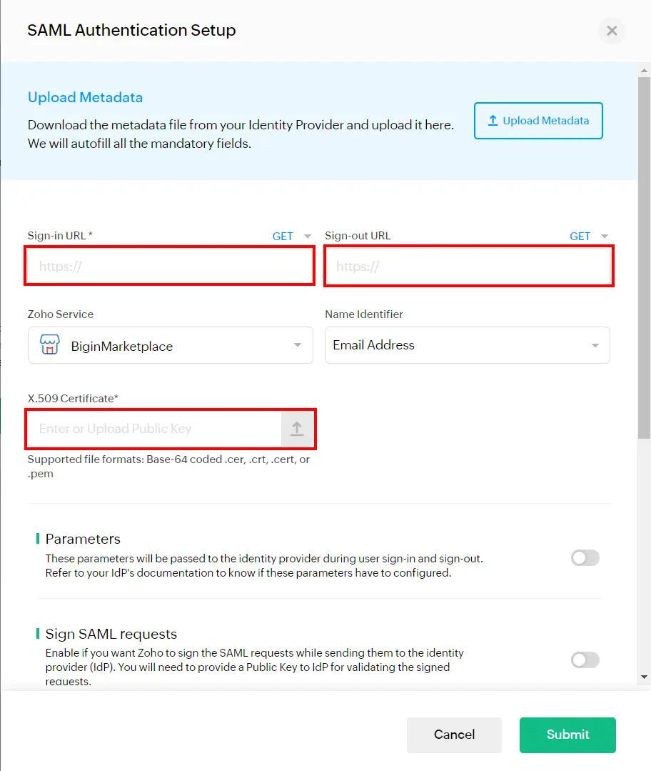 Zoho SAML Single Sign On (SSO) SAML settings